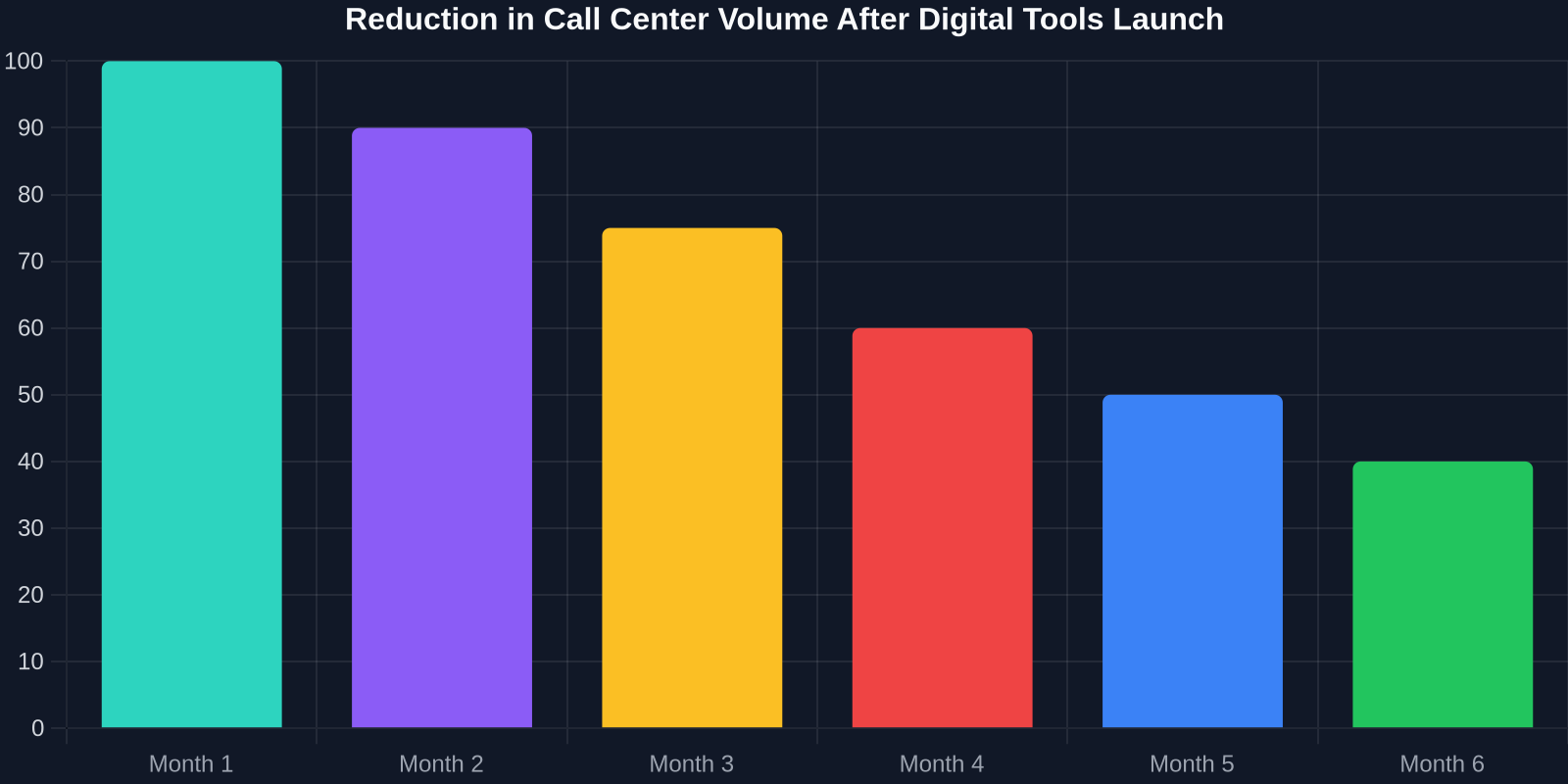 Bar chart showing monthly call volume decline from 100% to 40% over six months after introducing online tools.
