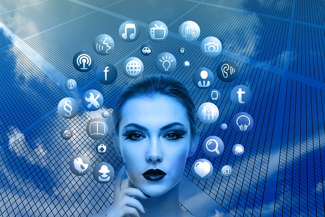 woman, face, social media, thoughts, head, applications, apps, social media applications, icons, nature, circle, tree, networks, internet, social, social network, facebook, google, social networking, networking, multimedia, blue